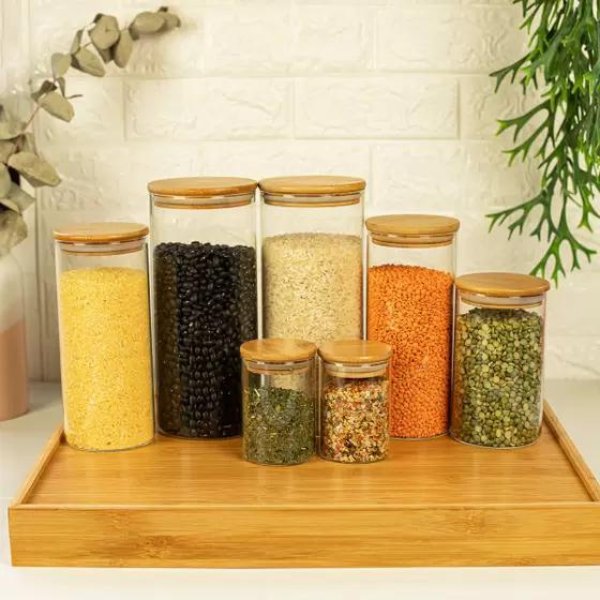 Kit 7 Potes De Vidro Com Tampa De Bambu